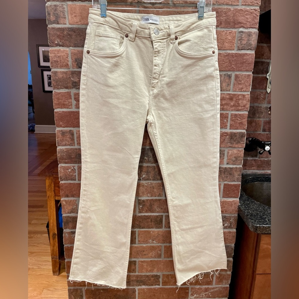 Zara high waist cream jeans with raw bottom hem